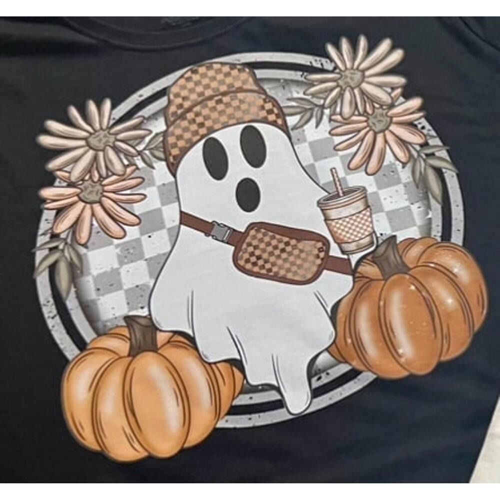 Spooky Cute Ghost Pumpkin Beanie Coffee Halloween Graphic T Shirt Black